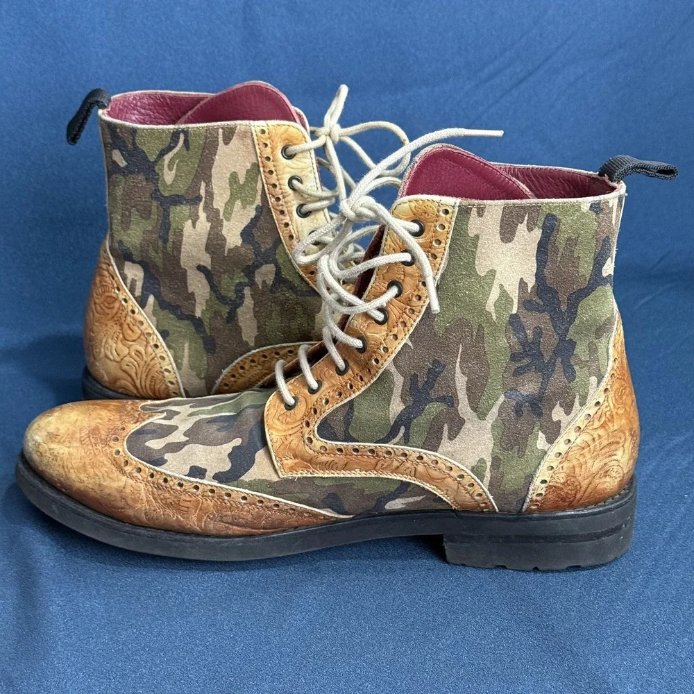 TAFT Mens Size 9 Camo Leather Wingtip Brogue Boots Handcrafted Spain Combat Boot